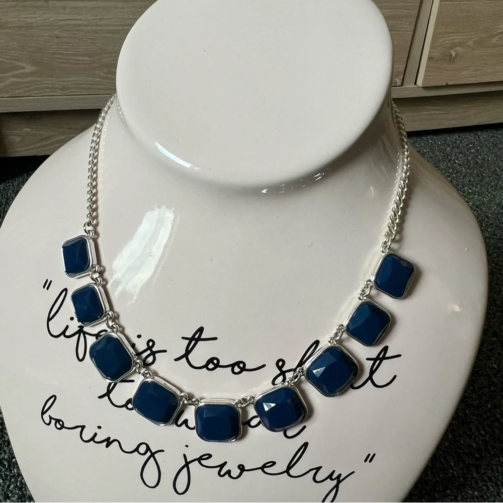 Vintage 2010s Square Cut Navy Blue Stone Bezel Facets Silver Statement Necklace